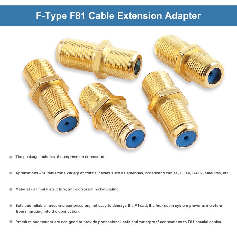 SAISN F81 Splice Barrel Connector 3GHz Female to Female F-Type Coaxial Cable Extension Adapter Couplers (Packof 5, Gold) - Image 5